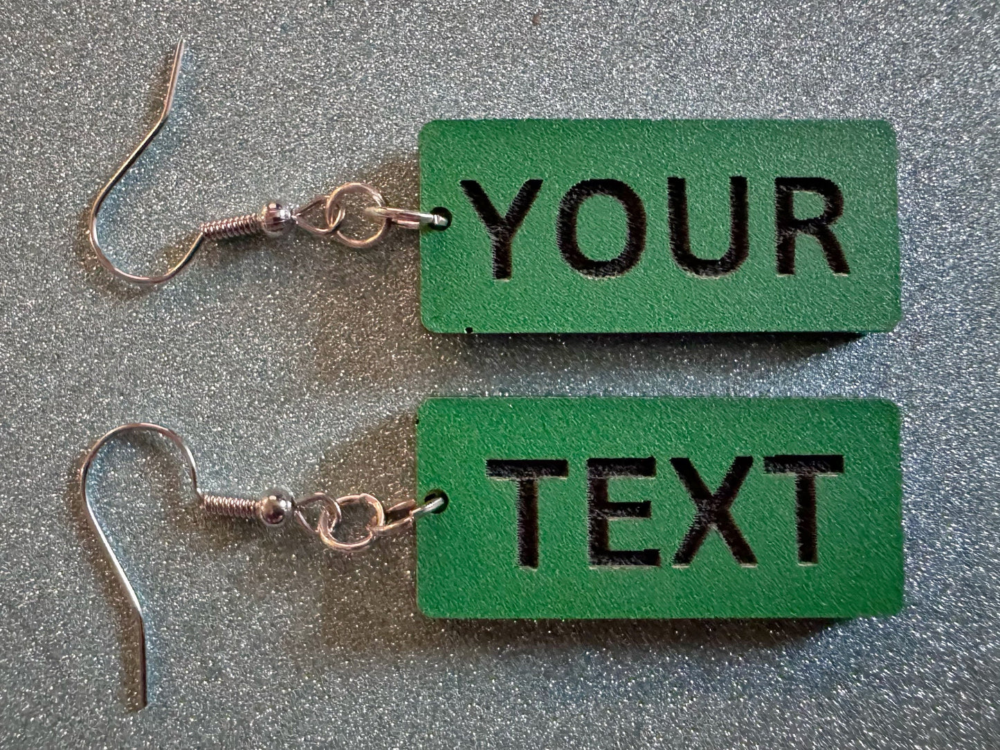 Custom Text Earrings: Laser Engraved Words, Green with Black Text, Letters, Names, Teacher Gift, Anniversary, Best Gifts for Her/Him/Them