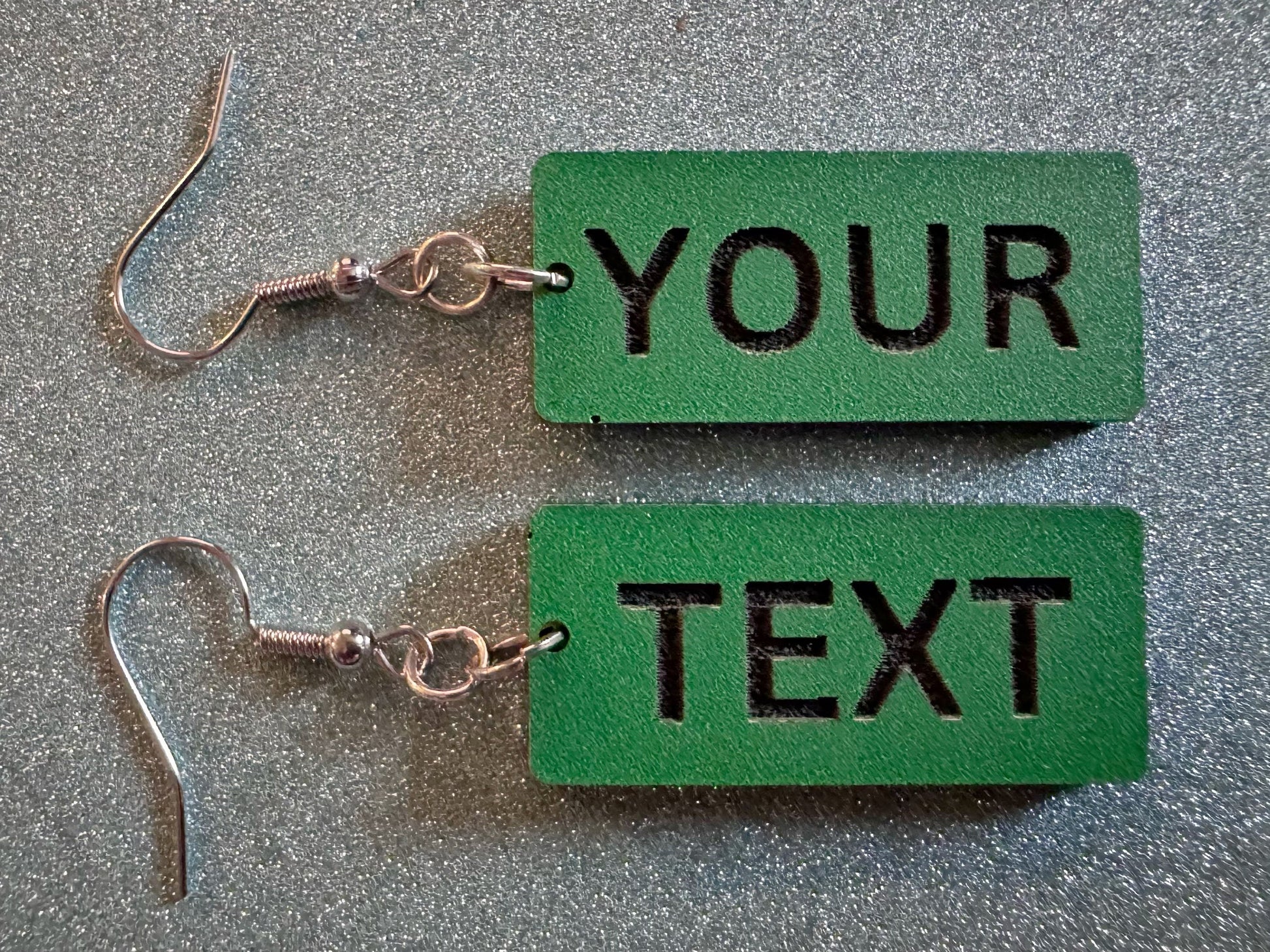 Custom Text Earrings: Laser Engraved Words, Green with Black Text, Letters, Names, Teacher Gift, Anniversary, Best Gifts for Her/Him/Them