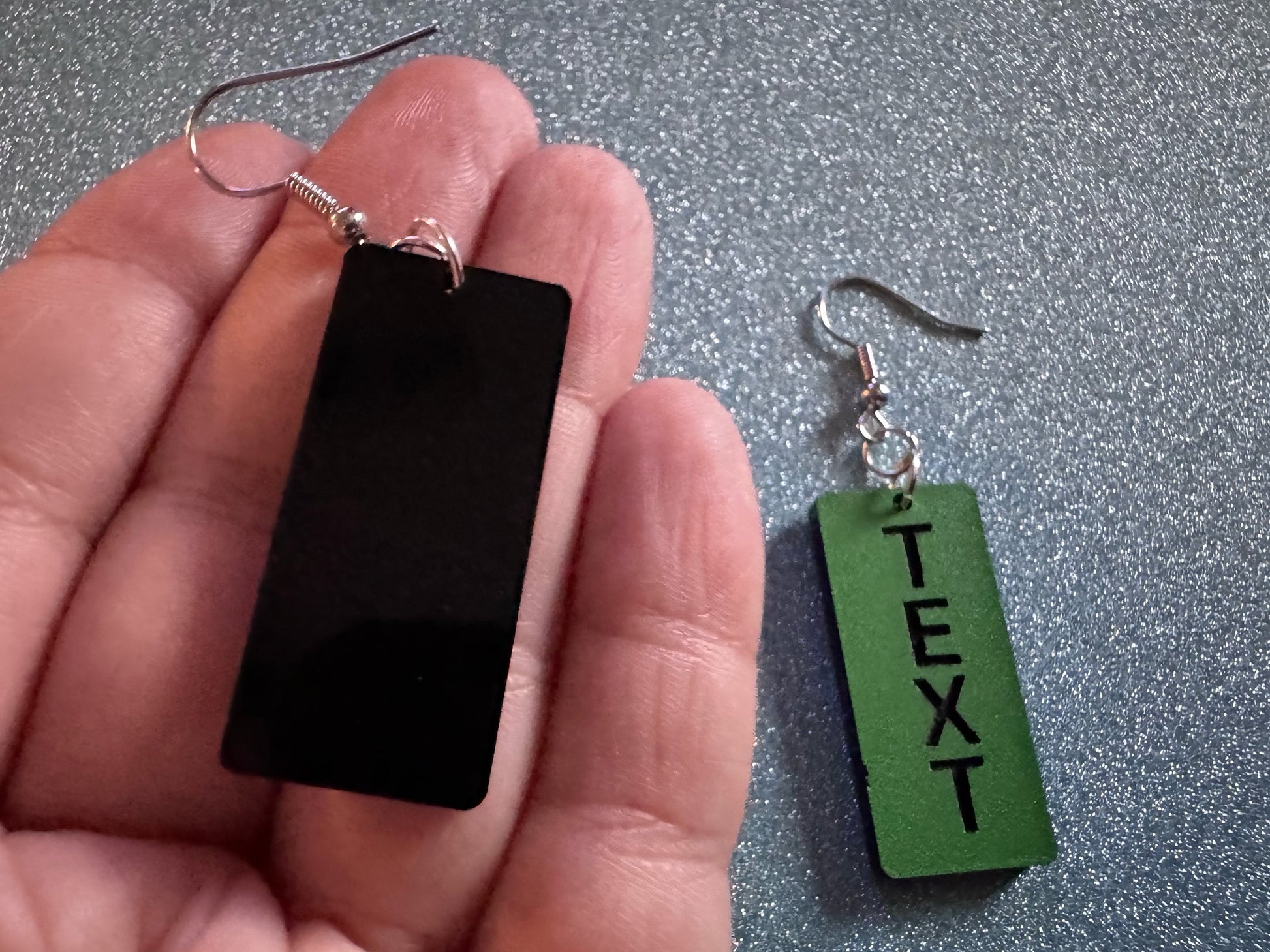 Custom Text Earrings: Laser Engraved Words, Green with Black Text, Letters, Names, Teacher Gift, Anniversary, Best Gifts for Her/Him/Them