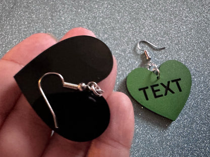 Custom Text Earrings: Laser Engraved Words, Green with Black Text, Letters, Names, Teacher Gift, Anniversary, Best Gifts for Her/Him/Them