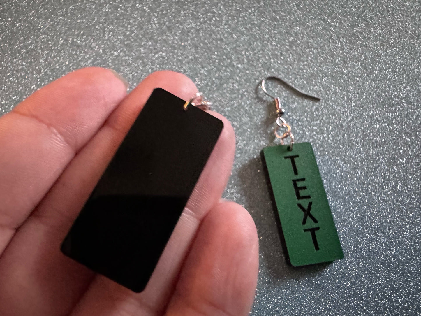 Custom Text Earrings: Laser Engraved Words, Green with Black Text, Letters, Names, Teacher Gift, Anniversary, Best Gifts for Her/Him/Them