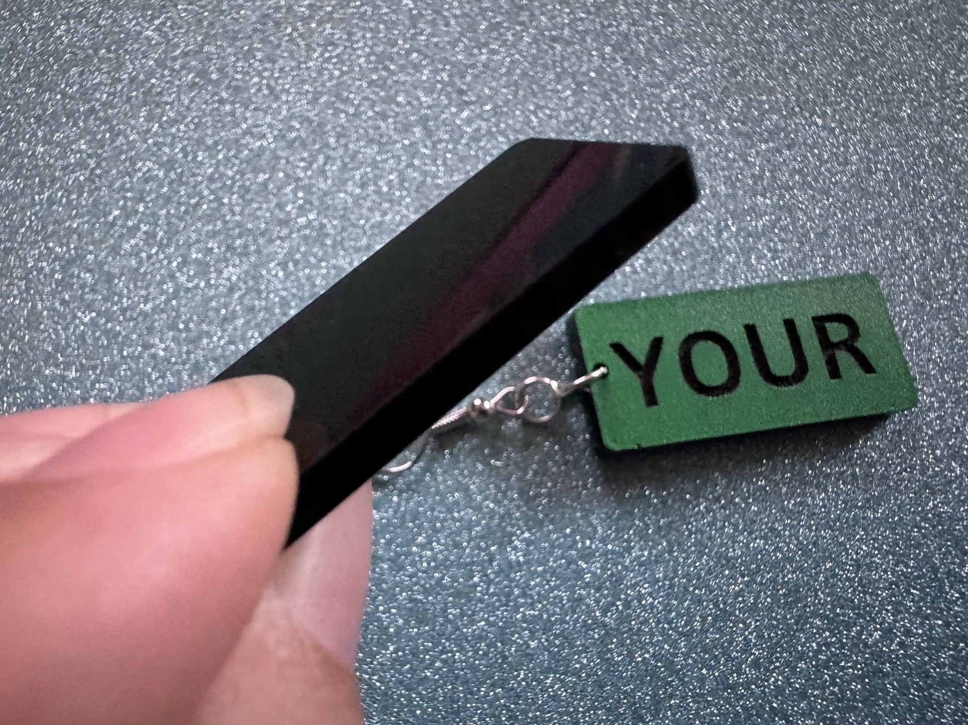 Custom Text Earrings: Laser Engraved Words, Green with Black Text, Letters, Names, Teacher Gift, Anniversary, Best Gifts for Her/Him/Them