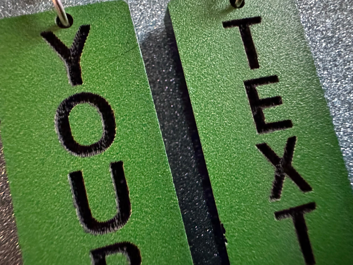 Custom Text Earrings: Laser Engraved Words, Green with Black Text, Letters, Names, Teacher Gift, Anniversary, Best Gifts for Her/Him/Them