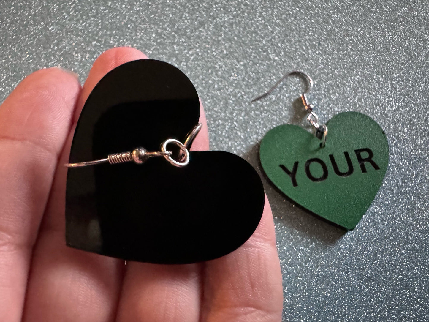 Custom Text Earrings: Laser Engraved Words, Green with Black Text, Letters, Names, Teacher Gift, Anniversary, Best Gifts for Her/Him/Them