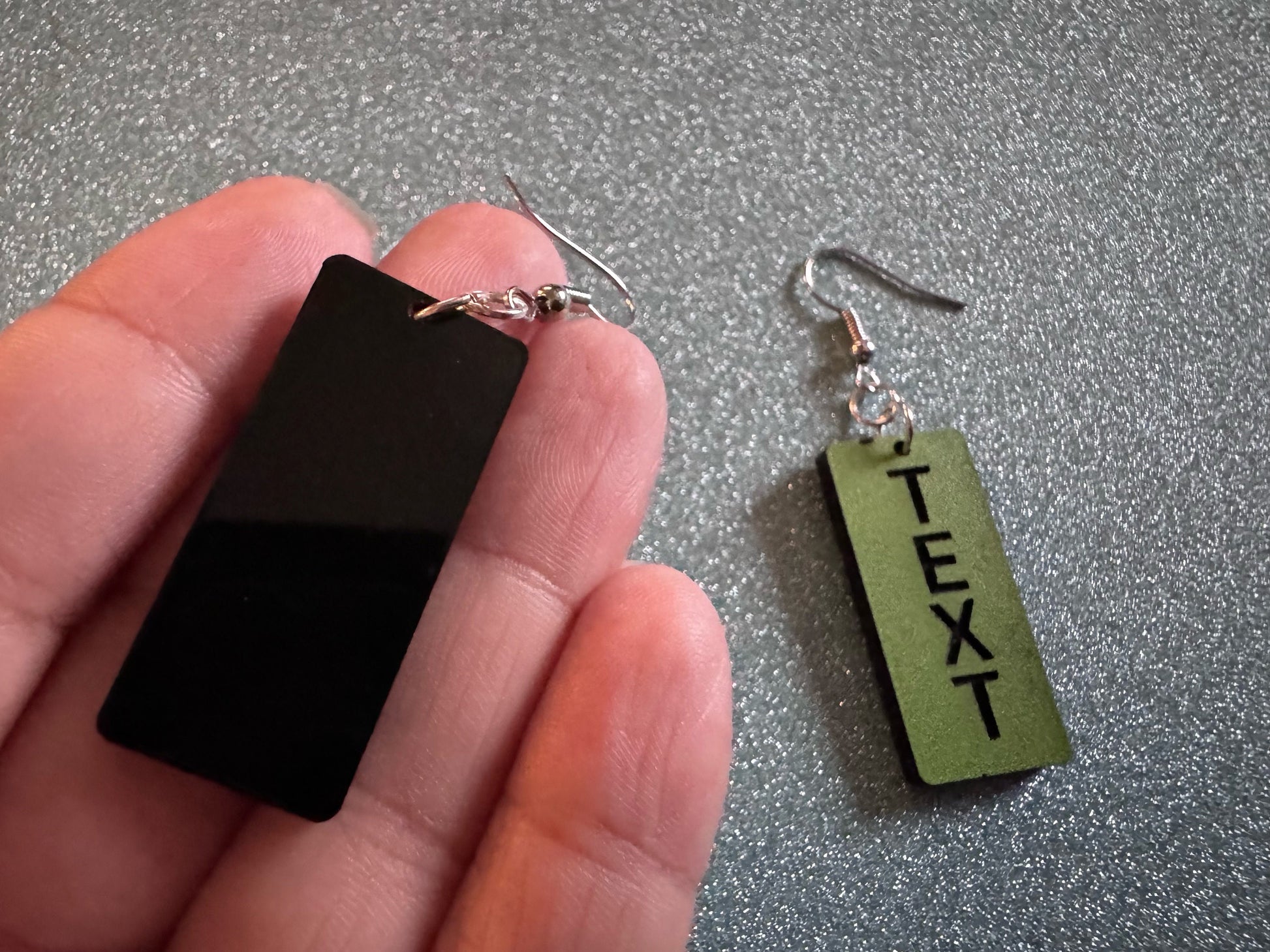 Custom Text Earrings: Laser Engraved Words, Green with Black Text, Letters, Names, Teacher Gift, Anniversary, Best Gifts for Her/Him/Them