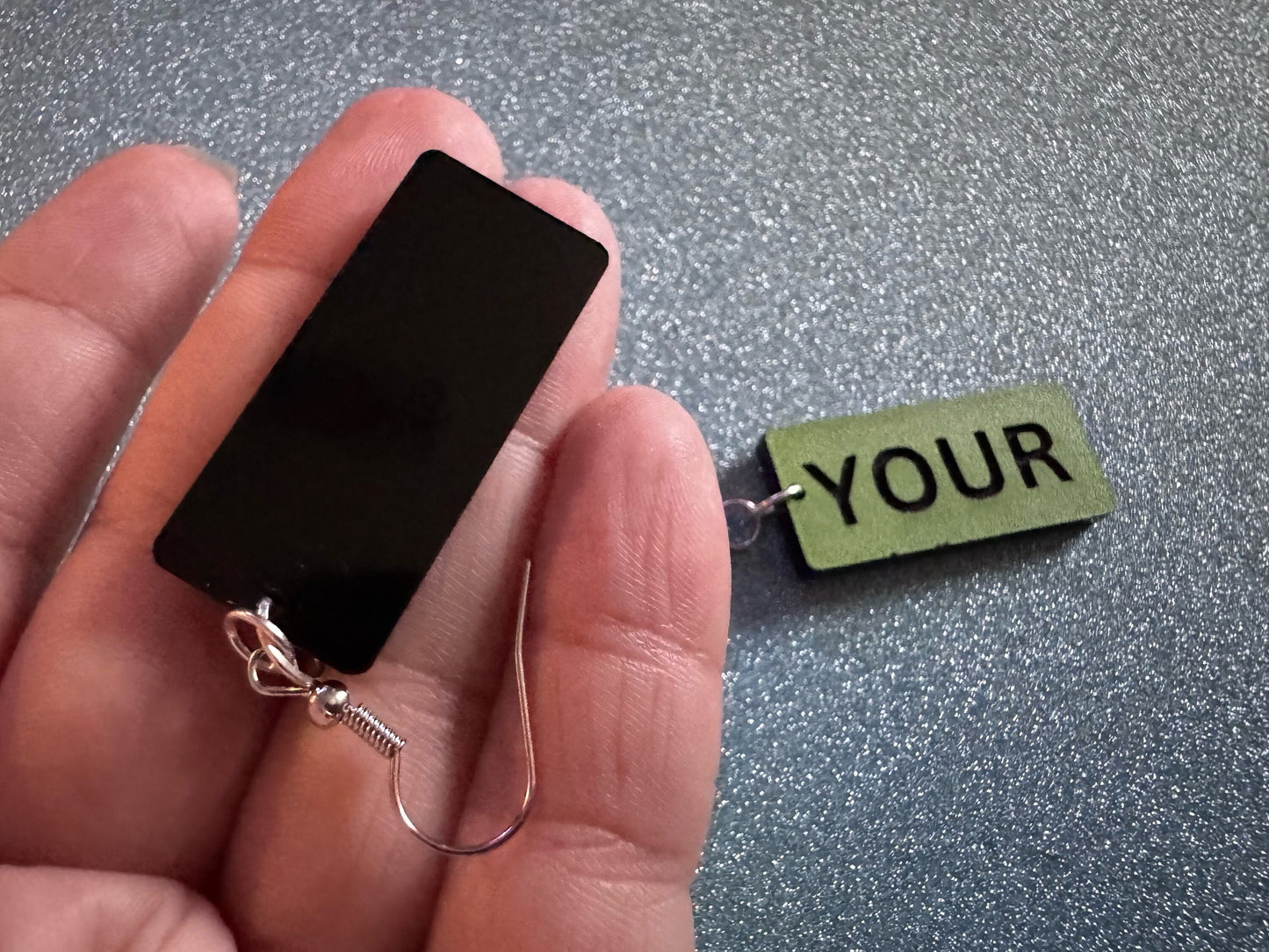 Custom Text Earrings: Laser Engraved Words, Green with Black Text, Letters, Names, Teacher Gift, Anniversary, Best Gifts for Her/Him/Them