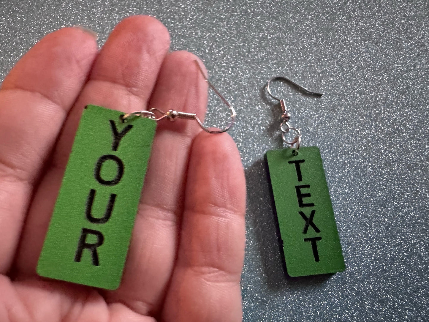 Custom Text Earrings: Laser Engraved Words, Green with Black Text, Letters, Names, Teacher Gift, Anniversary, Best Gifts for Her/Him/Them