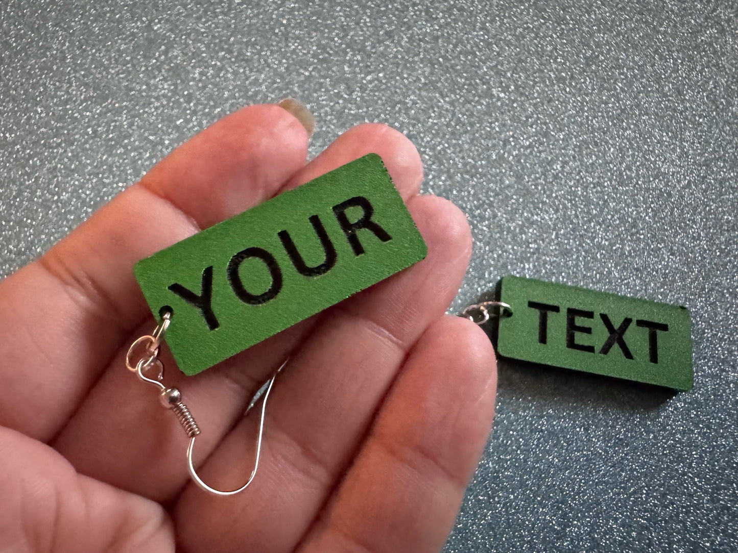Custom Text Earrings: Laser Engraved Words, Green with Black Text, Letters, Names, Teacher Gift, Anniversary, Best Gifts for Her/Him/Them