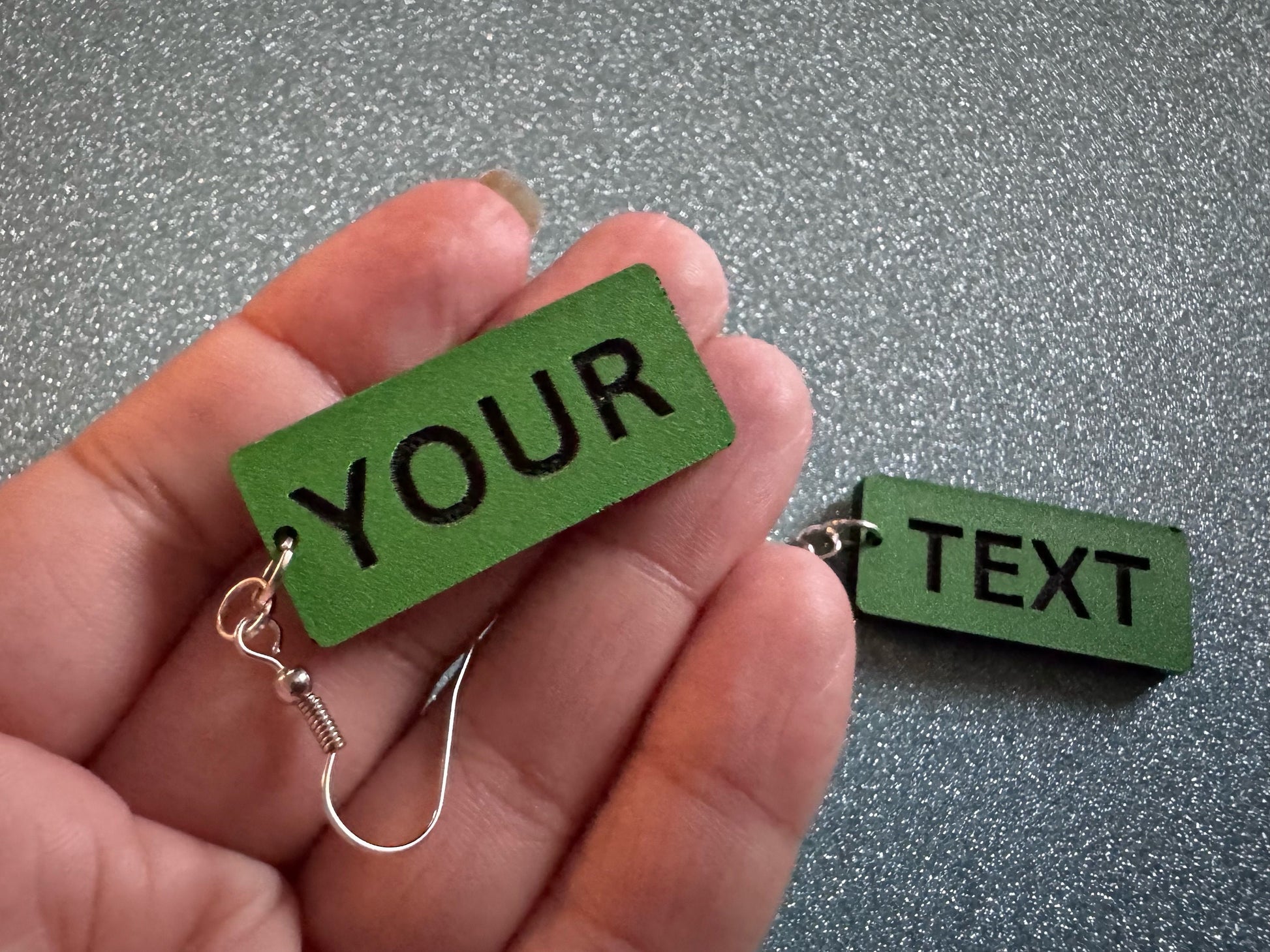 Custom Text Earrings: Laser Engraved Words, Green with Black Text, Letters, Names, Teacher Gift, Anniversary, Best Gifts for Her/Him/Them