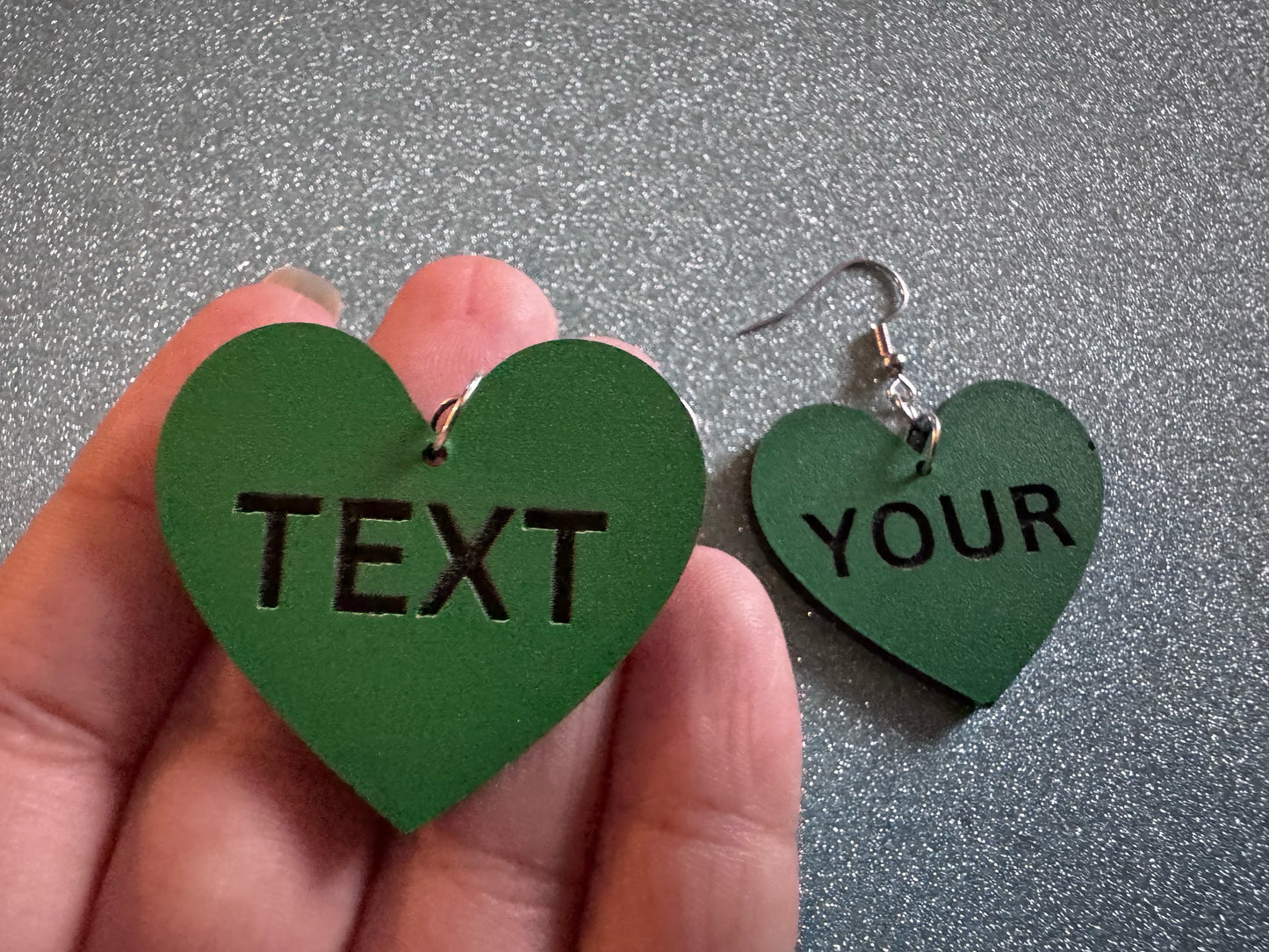 Custom Text Earrings: Laser Engraved Words, Green with Black Text, Letters, Names, Teacher Gift, Anniversary, Best Gifts for Her/Him/Them