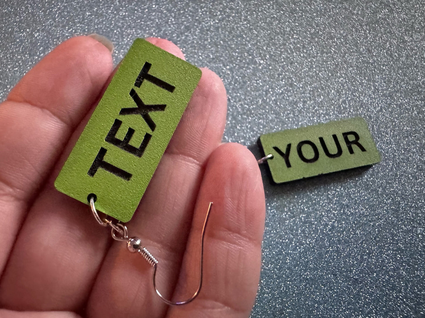 Custom Text Earrings: Laser Engraved Words, Green with Black Text, Letters, Names, Teacher Gift, Anniversary, Best Gifts for Her/Him/Them