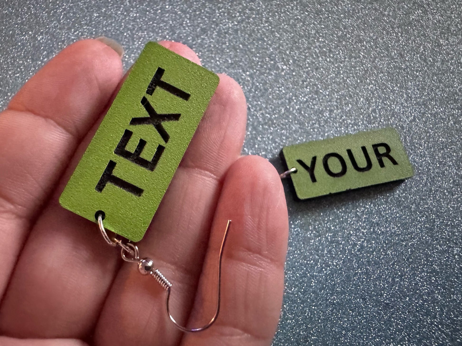 Custom Text Earrings: Laser Engraved Words, Green with Black Text, Letters, Names, Teacher Gift, Anniversary, Best Gifts for Her/Him/Them