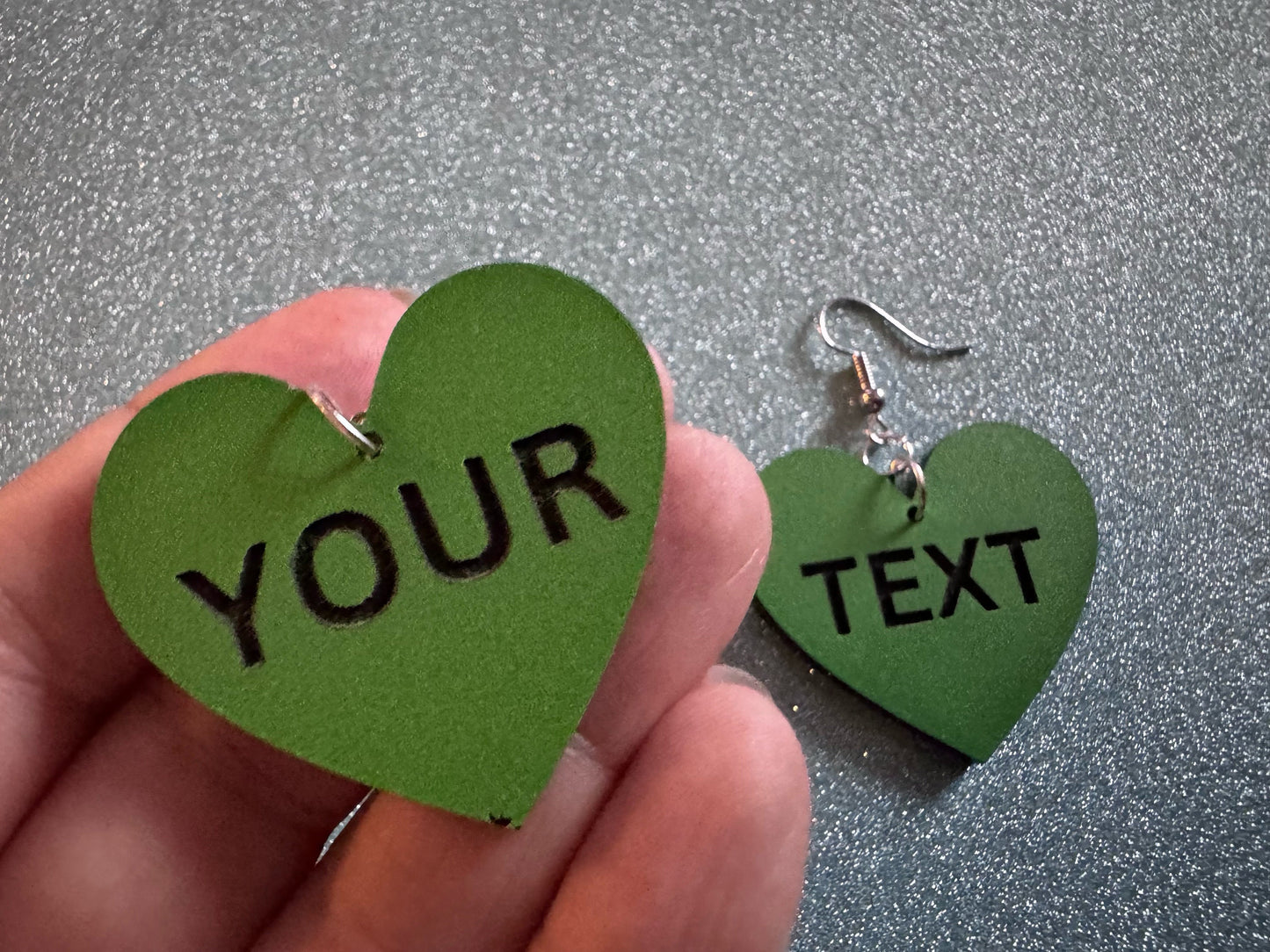 Custom Text Earrings: Laser Engraved Words, Green with Black Text, Letters, Names, Teacher Gift, Anniversary, Best Gifts for Her/Him/Them
