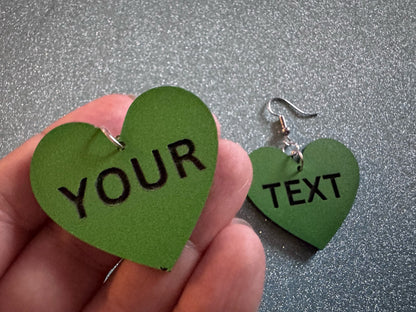 Custom Text Earrings: Laser Engraved Words, Green with Black Text, Letters, Names, Teacher Gift, Anniversary, Best Gifts for Her/Him/Them