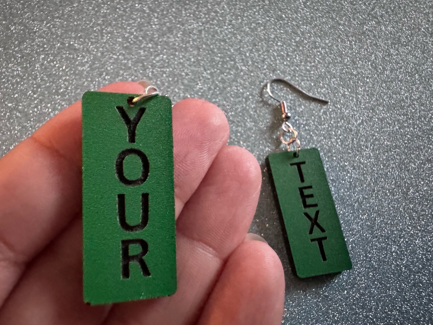 Custom Text Earrings: Laser Engraved Words, Green with Black Text, Letters, Names, Teacher Gift, Anniversary, Best Gifts for Her/Him/Them
