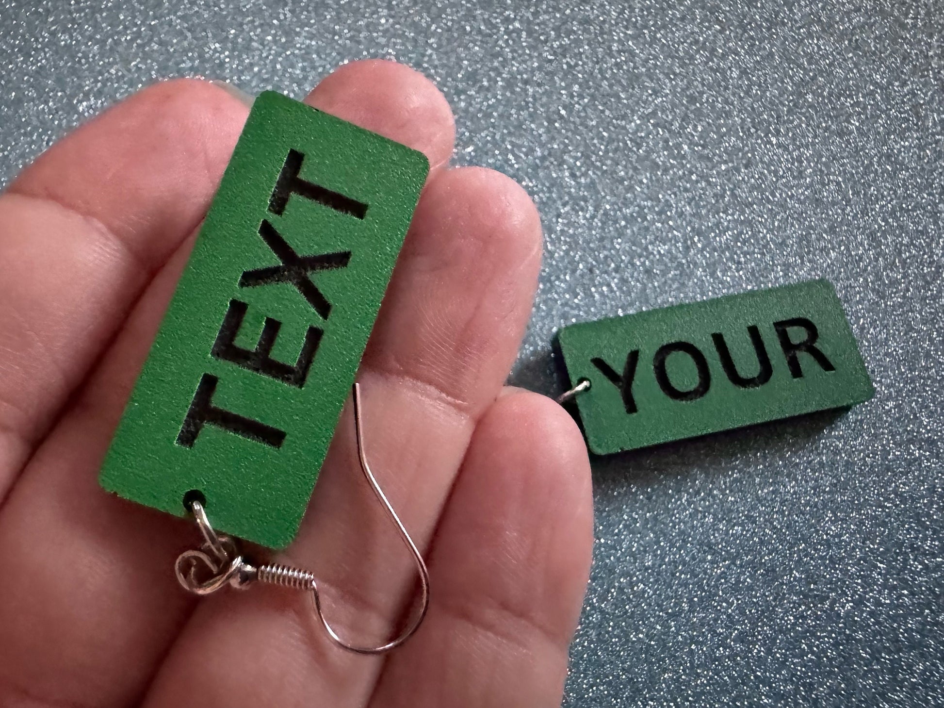 Custom Text Earrings: Laser Engraved Words, Green with Black Text, Letters, Names, Teacher Gift, Anniversary, Best Gifts for Her/Him/Them