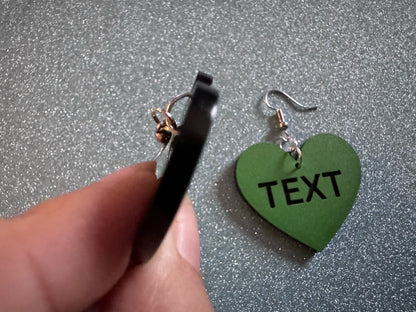 Custom Text Earrings: Laser Engraved Words, Green with Black Text, Letters, Names, Teacher Gift, Anniversary, Best Gifts for Her/Him/Them