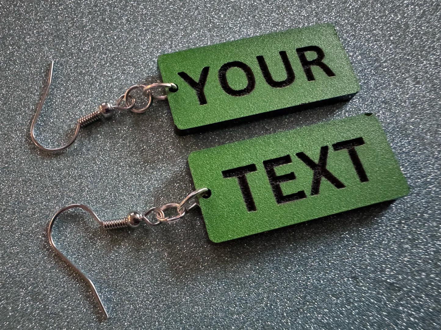 Custom Text Earrings: Laser Engraved Words, Green with Black Text, Letters, Names, Teacher Gift, Anniversary, Best Gifts for Her/Him/Them