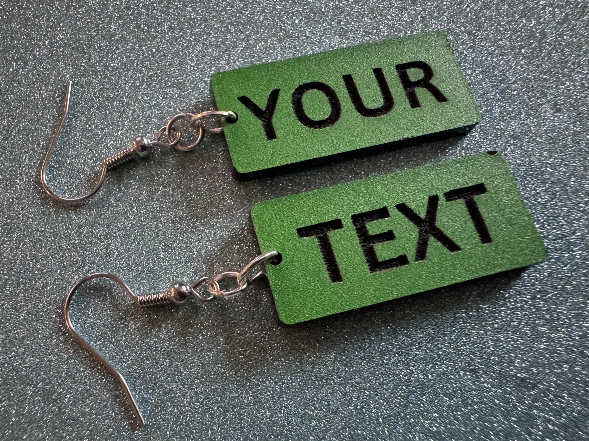 Custom Text Earrings: Laser Engraved Words, Green with Black Text, Letters, Names, Teacher Gift, Anniversary, Best Gifts for Her/Him/Them