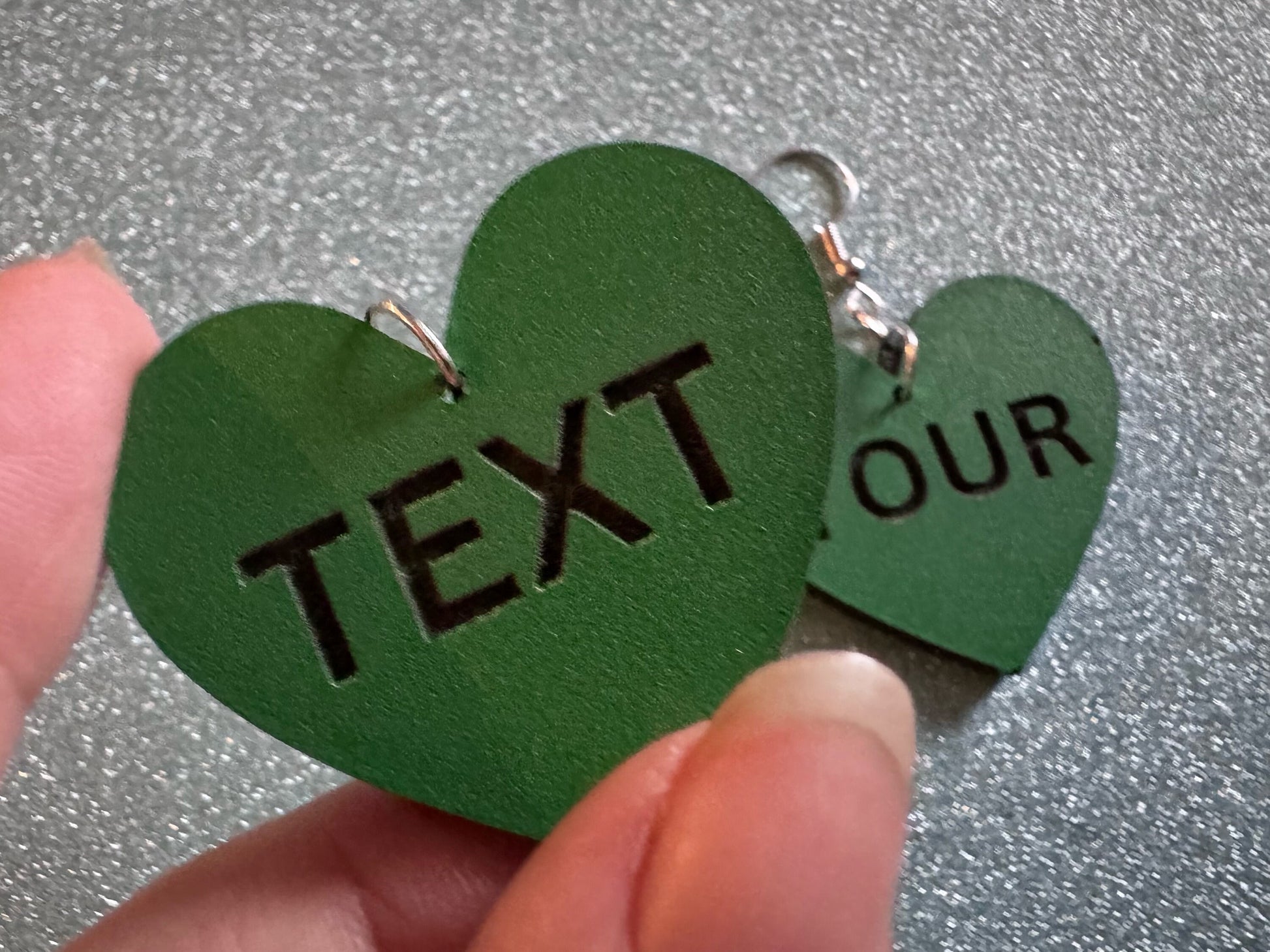 Custom Text Earrings: Laser Engraved Words, Green with Black Text, Letters, Names, Teacher Gift, Anniversary, Best Gifts for Her/Him/Them