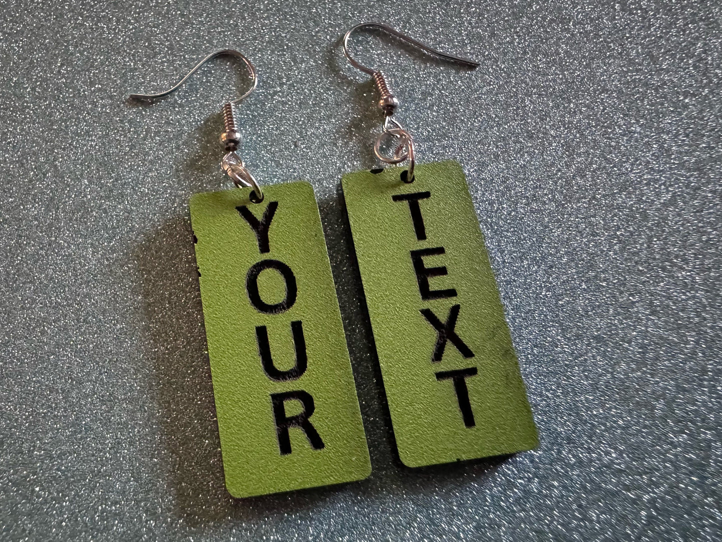 Custom Text Earrings: Laser Engraved Words, Green with Black Text, Letters, Names, Teacher Gift, Anniversary, Best Gifts for Her/Him/Them