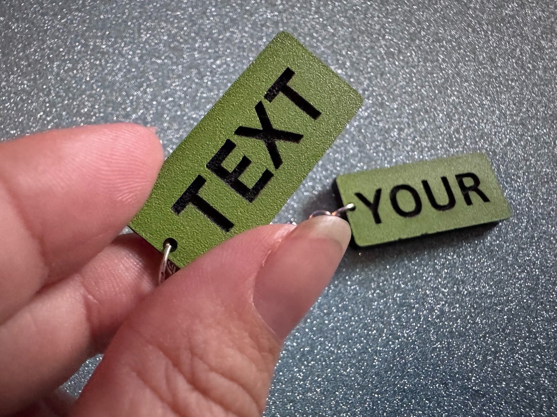 Custom Text Earrings: Laser Engraved Words, Green with Black Text, Letters, Names, Teacher Gift, Anniversary, Best Gifts for Her/Him/Them