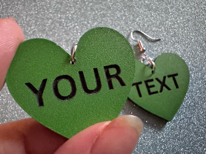Custom Text Earrings: Laser Engraved Words, Green with Black Text, Letters, Names, Teacher Gift, Anniversary, Best Gifts for Her/Him/Them