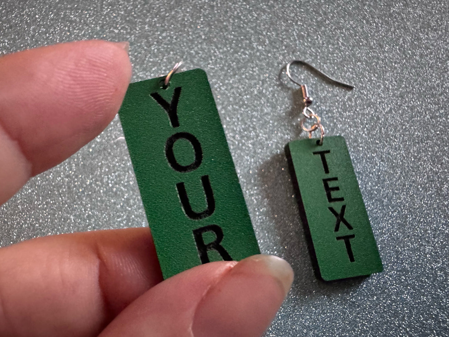 Custom Text Earrings: Laser Engraved Words, Green with Black Text, Letters, Names, Teacher Gift, Anniversary, Best Gifts for Her/Him/Them