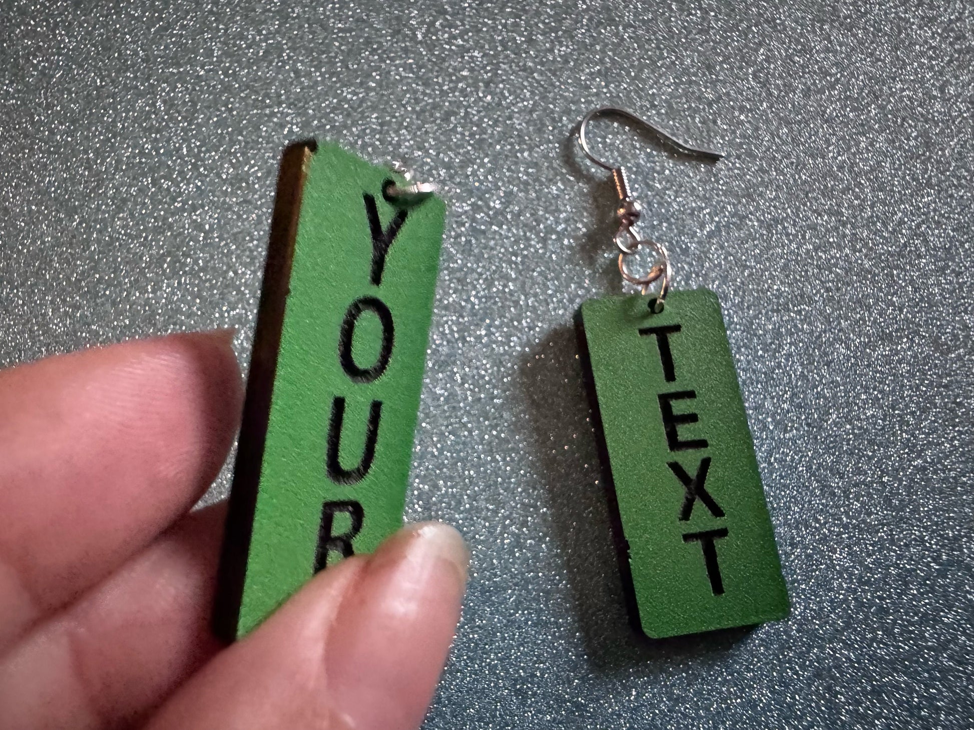 Custom Text Earrings: Laser Engraved Words, Green with Black Text, Letters, Names, Teacher Gift, Anniversary, Best Gifts for Her/Him/Them