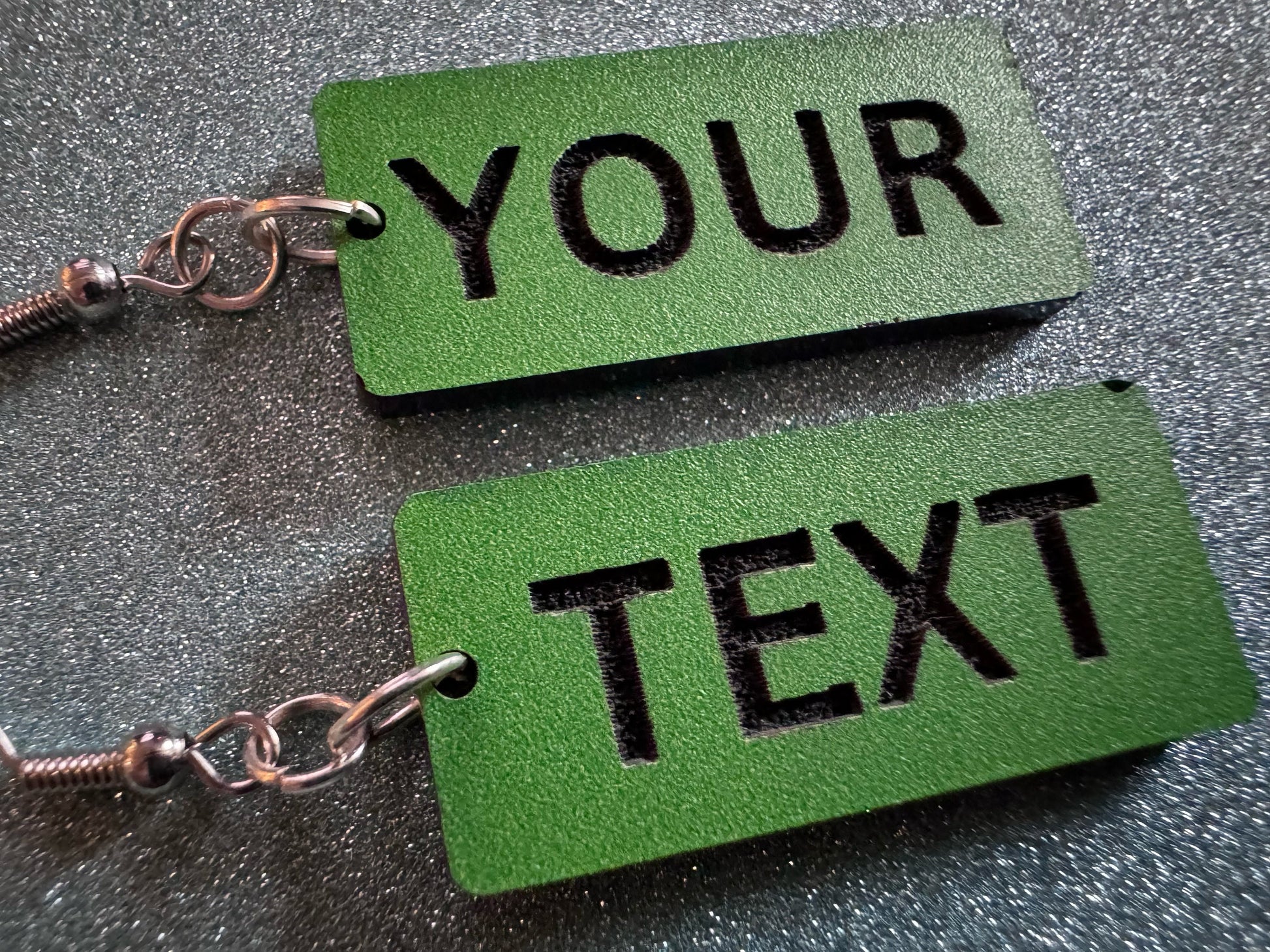 Custom Text Earrings: Laser Engraved Words, Green with Black Text, Letters, Names, Teacher Gift, Anniversary, Best Gifts for Her/Him/Them