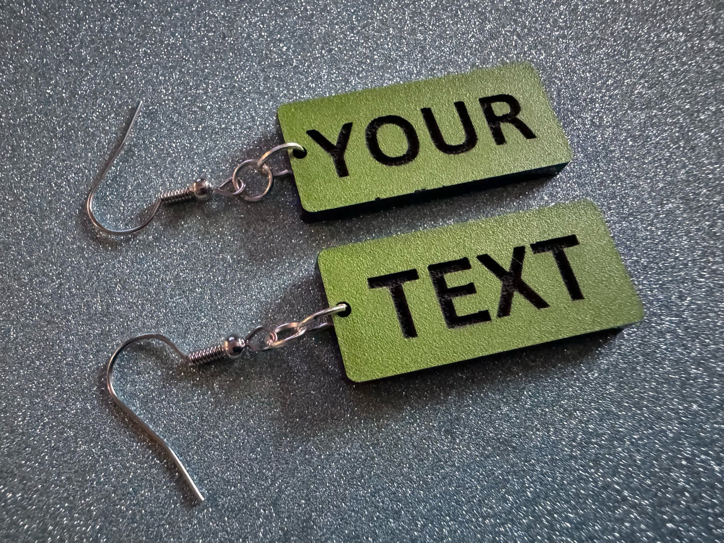 Custom Text Earrings: Laser Engraved Words, Green with Black Text, Letters, Names, Teacher Gift, Anniversary, Best Gifts for Her/Him/Them