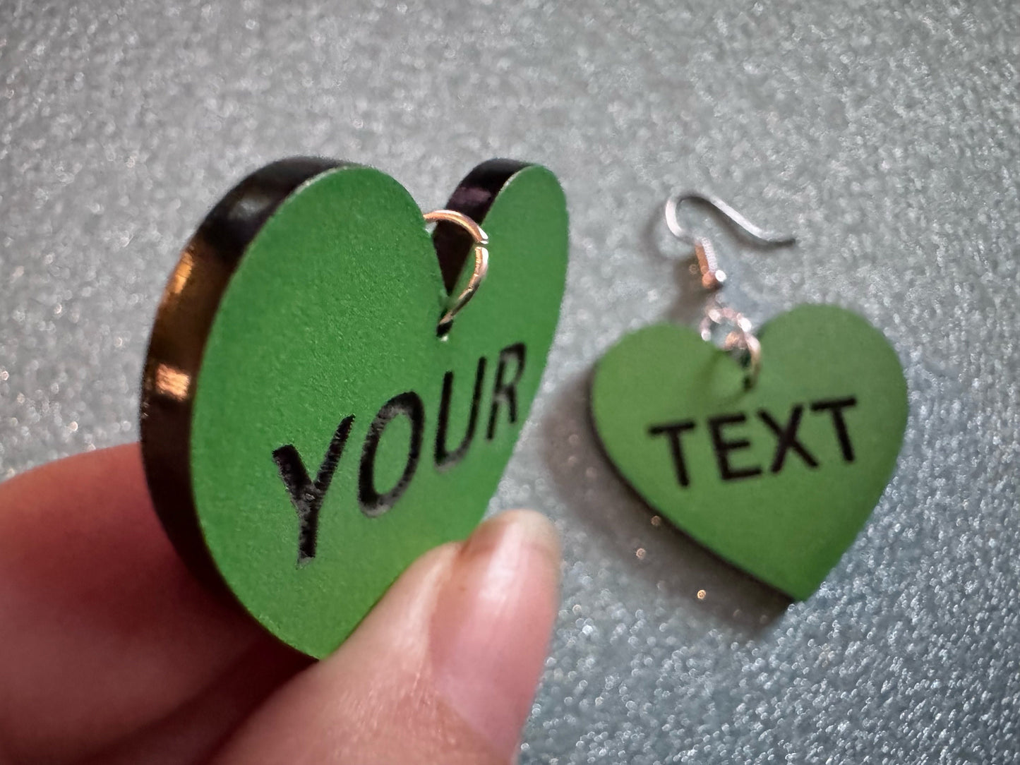 Custom Text Earrings: Laser Engraved Words, Green with Black Text, Letters, Names, Teacher Gift, Anniversary, Best Gifts for Her/Him/Them