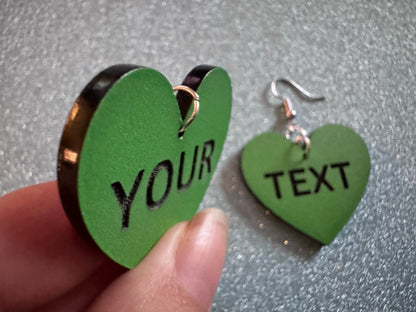 Custom Text Earrings: Laser Engraved Words, Green with Black Text, Letters, Names, Teacher Gift, Anniversary, Best Gifts for Her/Him/Them