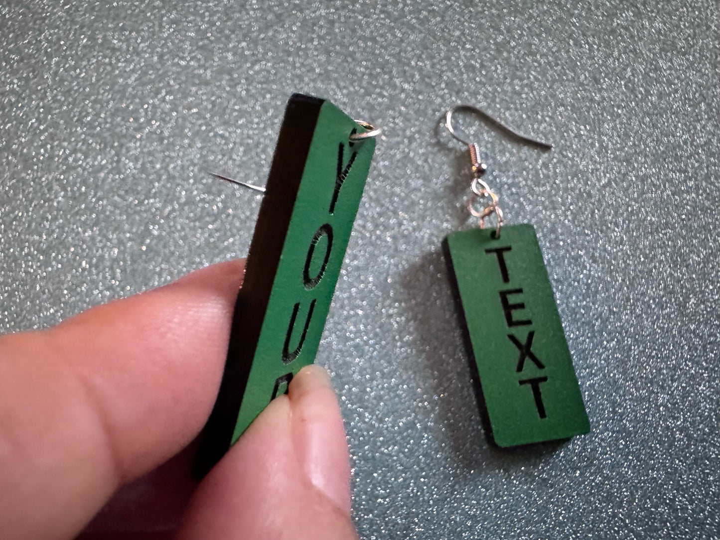Custom Text Earrings: Laser Engraved Words, Green with Black Text, Letters, Names, Teacher Gift, Anniversary, Best Gifts for Her/Him/Them