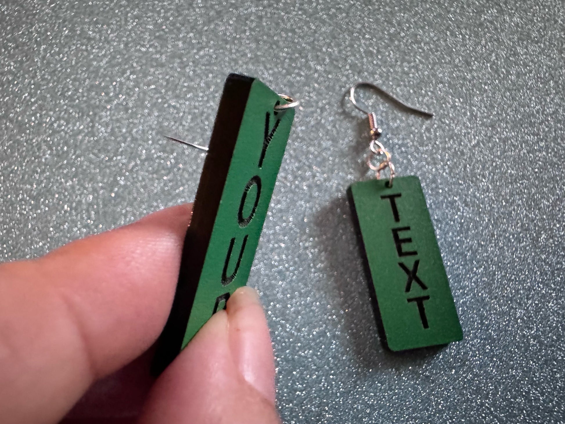 Custom Text Earrings: Laser Engraved Words, Green with Black Text, Letters, Names, Teacher Gift, Anniversary, Best Gifts for Her/Him/Them