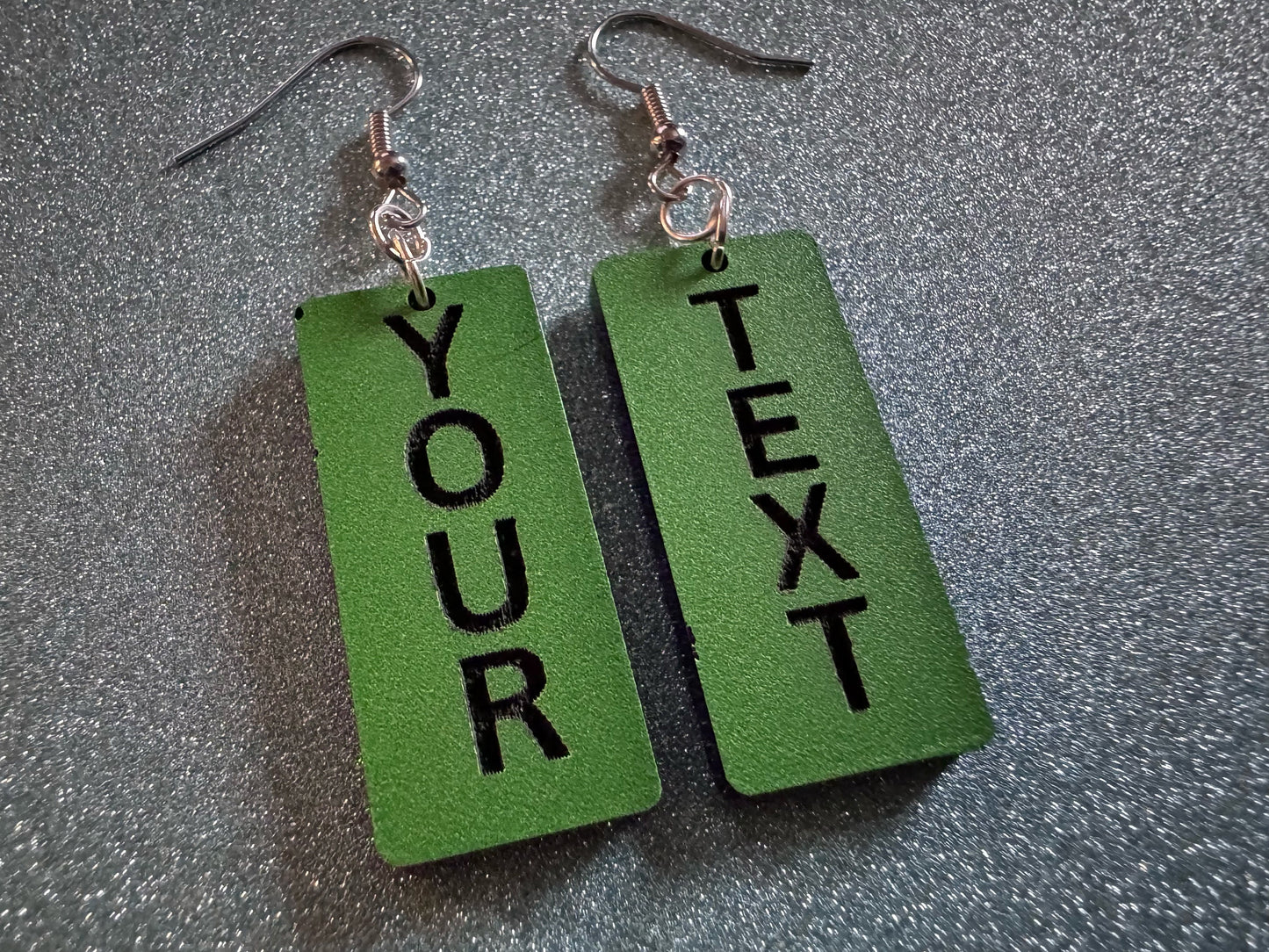 Custom Text Earrings: Laser Engraved Words, Green with Black Text, Letters, Names, Teacher Gift, Anniversary, Best Gifts for Her/Him/Them
