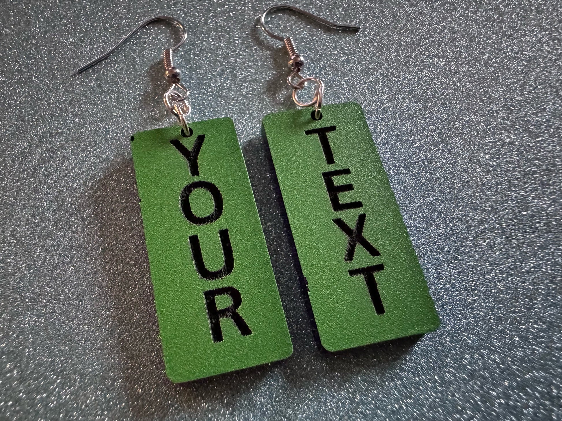 Custom Text Earrings: Laser Engraved Words, Green with Black Text, Letters, Names, Teacher Gift, Anniversary, Best Gifts for Her/Him/Them