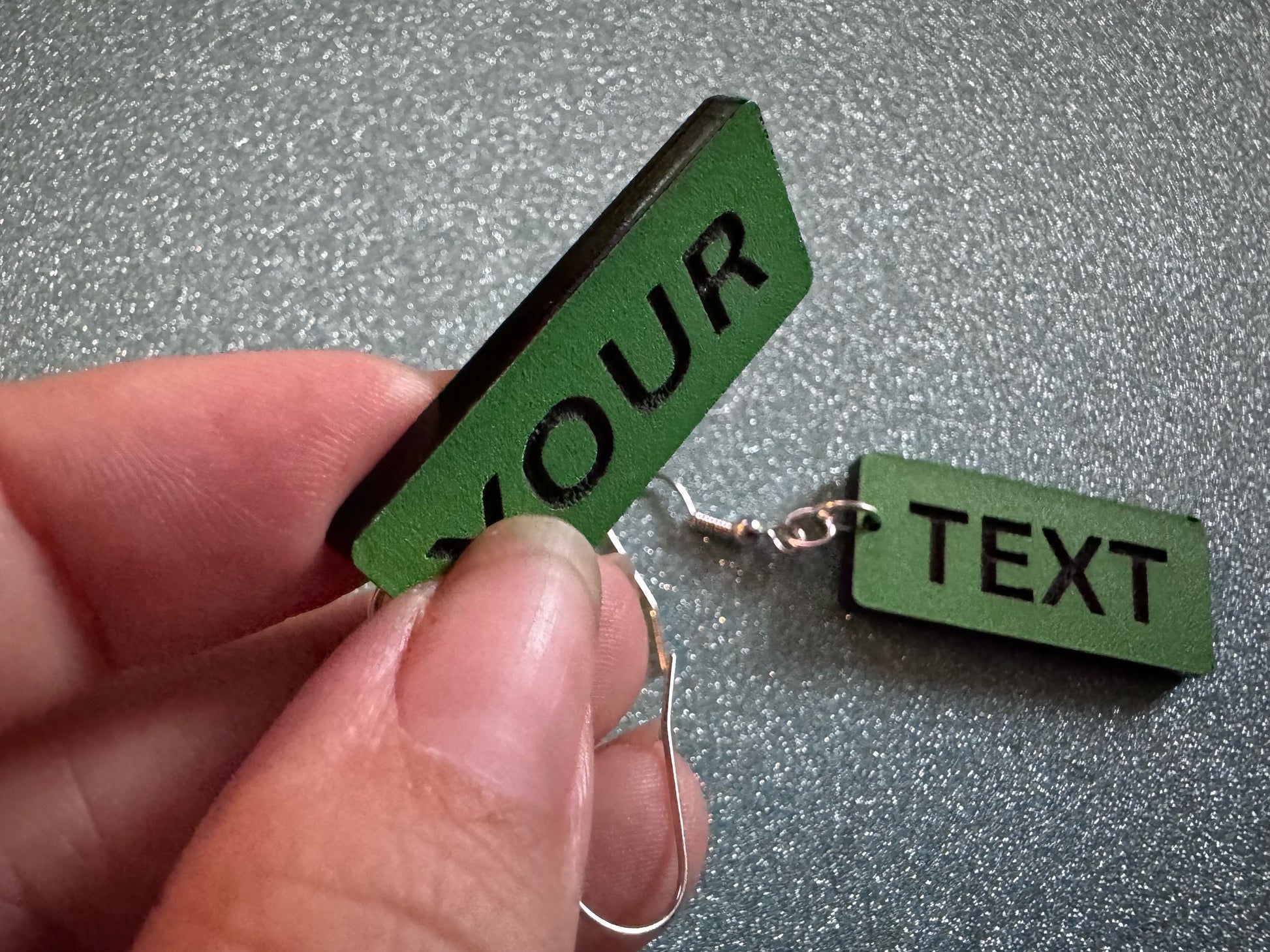 Custom Text Earrings: Laser Engraved Words, Green with Black Text, Letters, Names, Teacher Gift, Anniversary, Best Gifts for Her/Him/Them