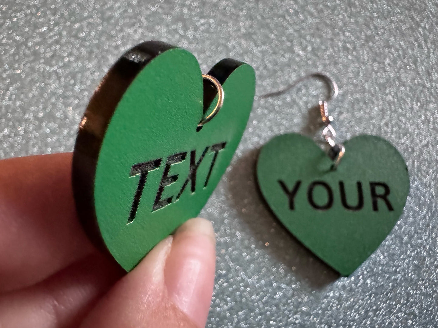 Custom Text Earrings: Laser Engraved Words, Green with Black Text, Letters, Names, Teacher Gift, Anniversary, Best Gifts for Her/Him/Them