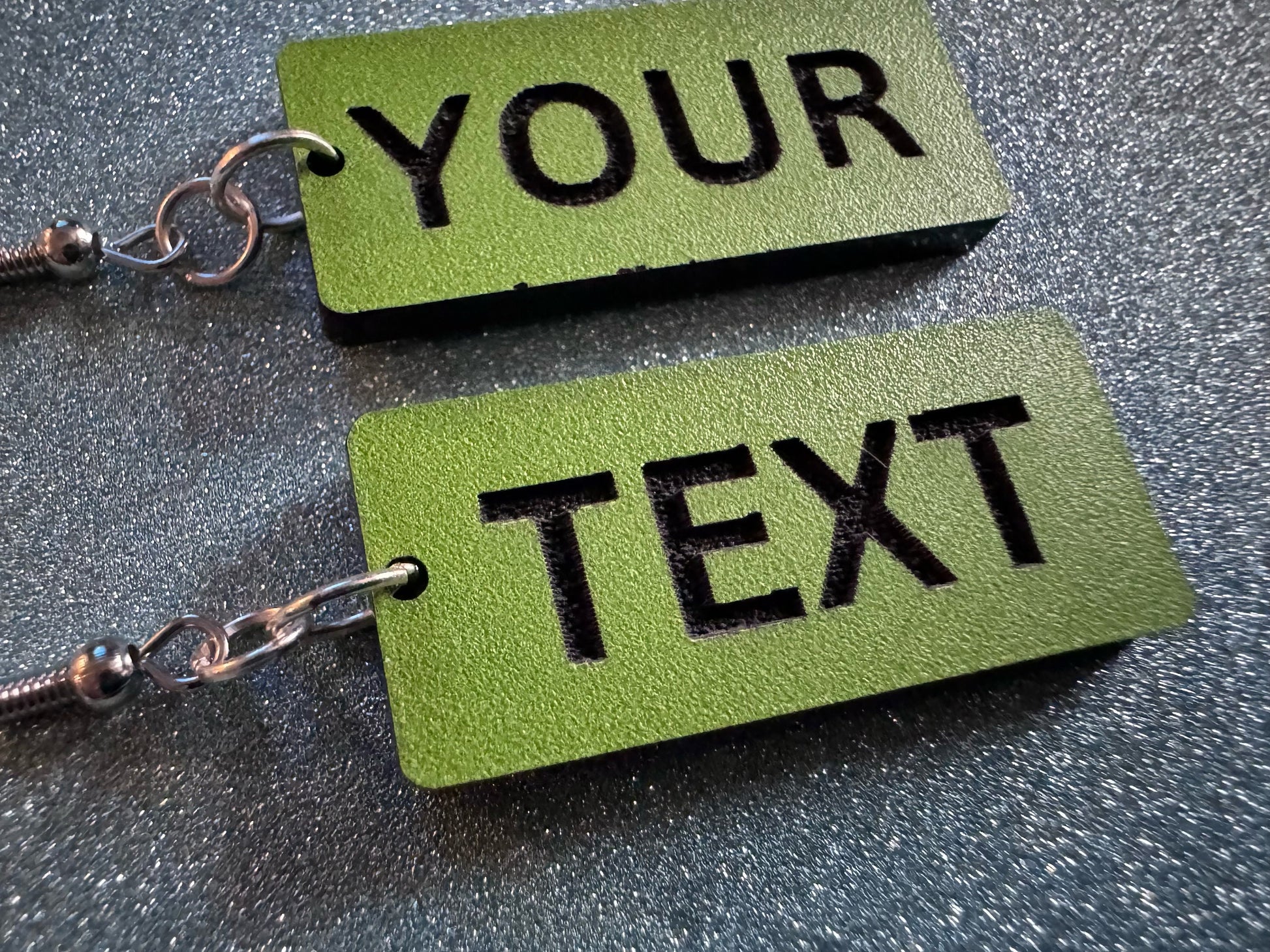 Custom Text Earrings: Laser Engraved Words, Green with Black Text, Letters, Names, Teacher Gift, Anniversary, Best Gifts for Her/Him/Them