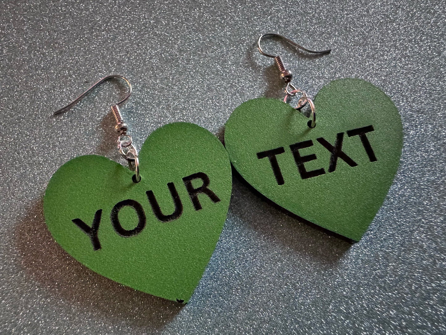Custom Text Earrings: Laser Engraved Words, Green with Black Text, Letters, Names, Teacher Gift, Anniversary, Best Gifts for Her/Him/Them