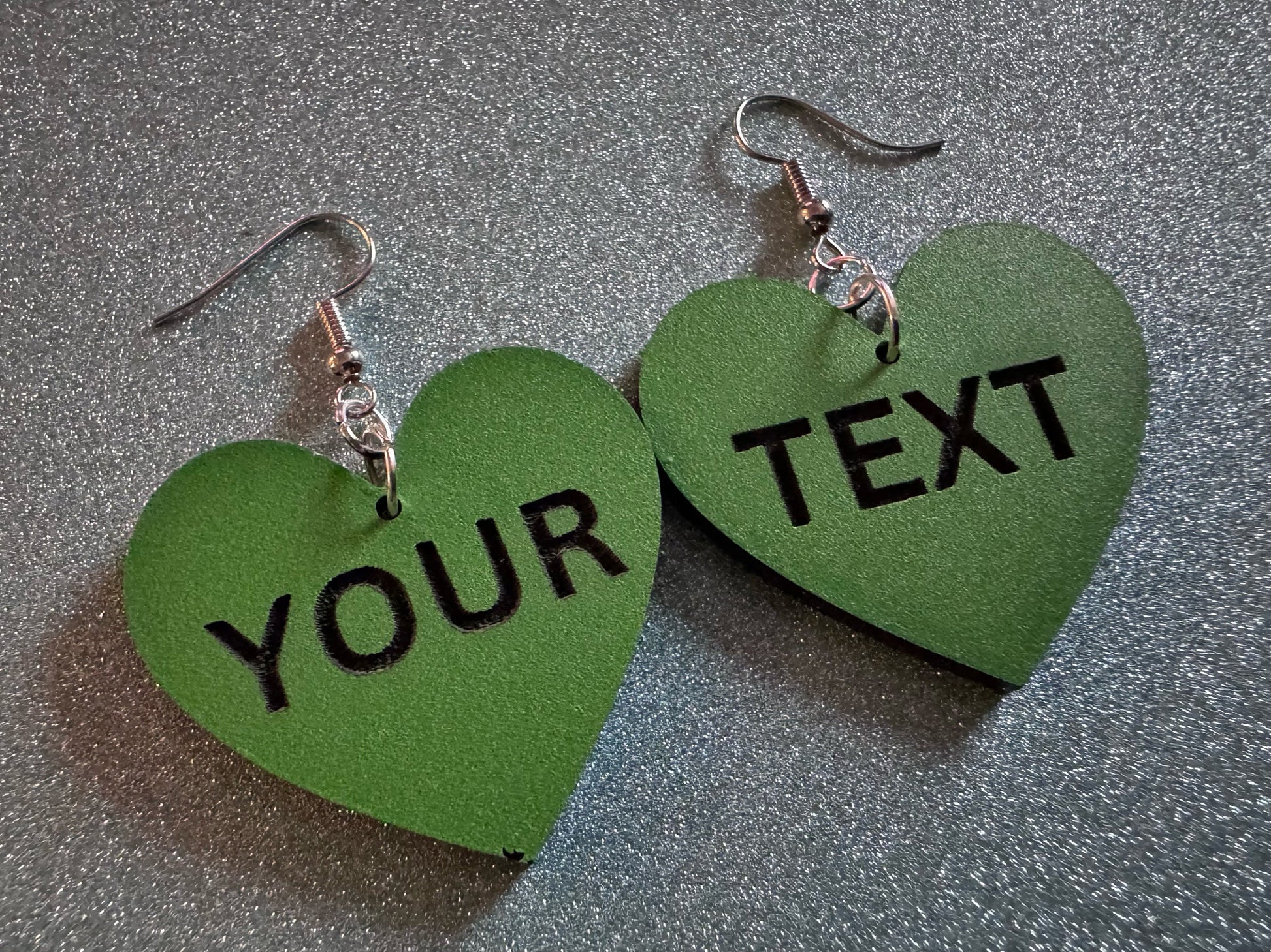 Custom Text Earrings: Laser Engraved Words, Green with Black Text, Letters, Names, Teacher Gift, Anniversary, Best Gifts for Her/Him/Them