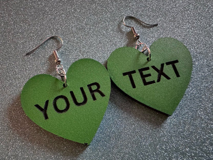 Custom Text Earrings: Laser Engraved Words, Green with Black Text, Letters, Names, Teacher Gift, Anniversary, Best Gifts for Her/Him/Them