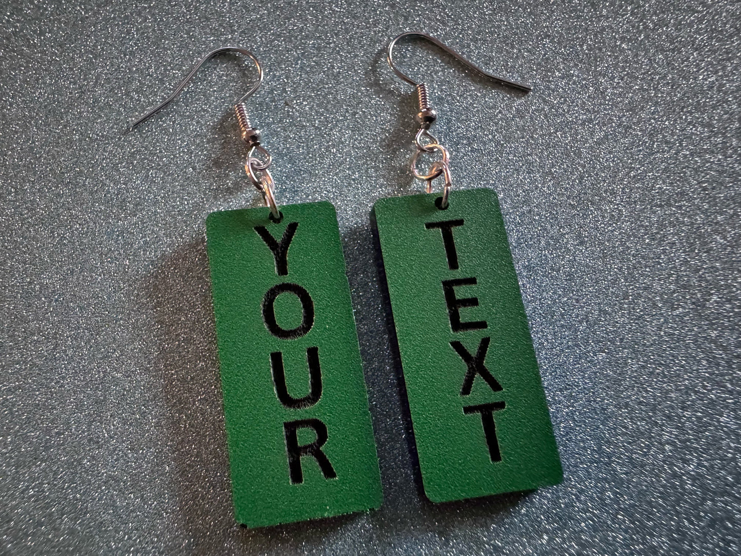 Custom Text Earrings: Laser Engraved Words, Green with Black Text, Letters, Names, Teacher Gift, Anniversary, Best Gifts for Her/Him/Them