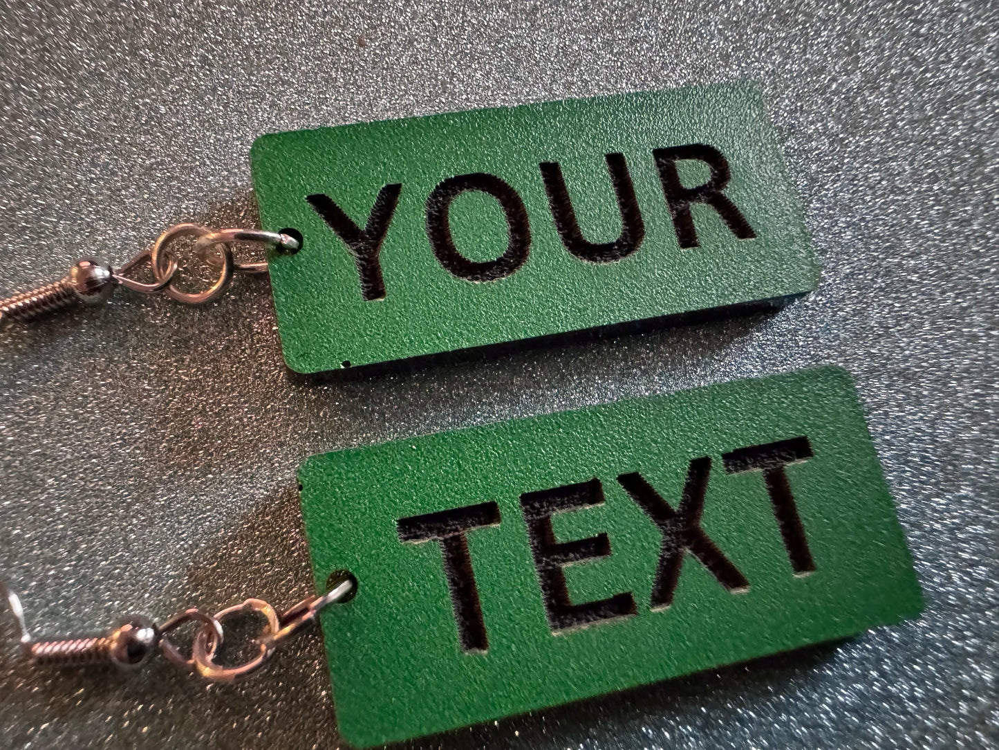 Custom Text Earrings: Laser Engraved Words, Green with Black Text, Letters, Names, Teacher Gift, Anniversary, Best Gifts for Her/Him/Them