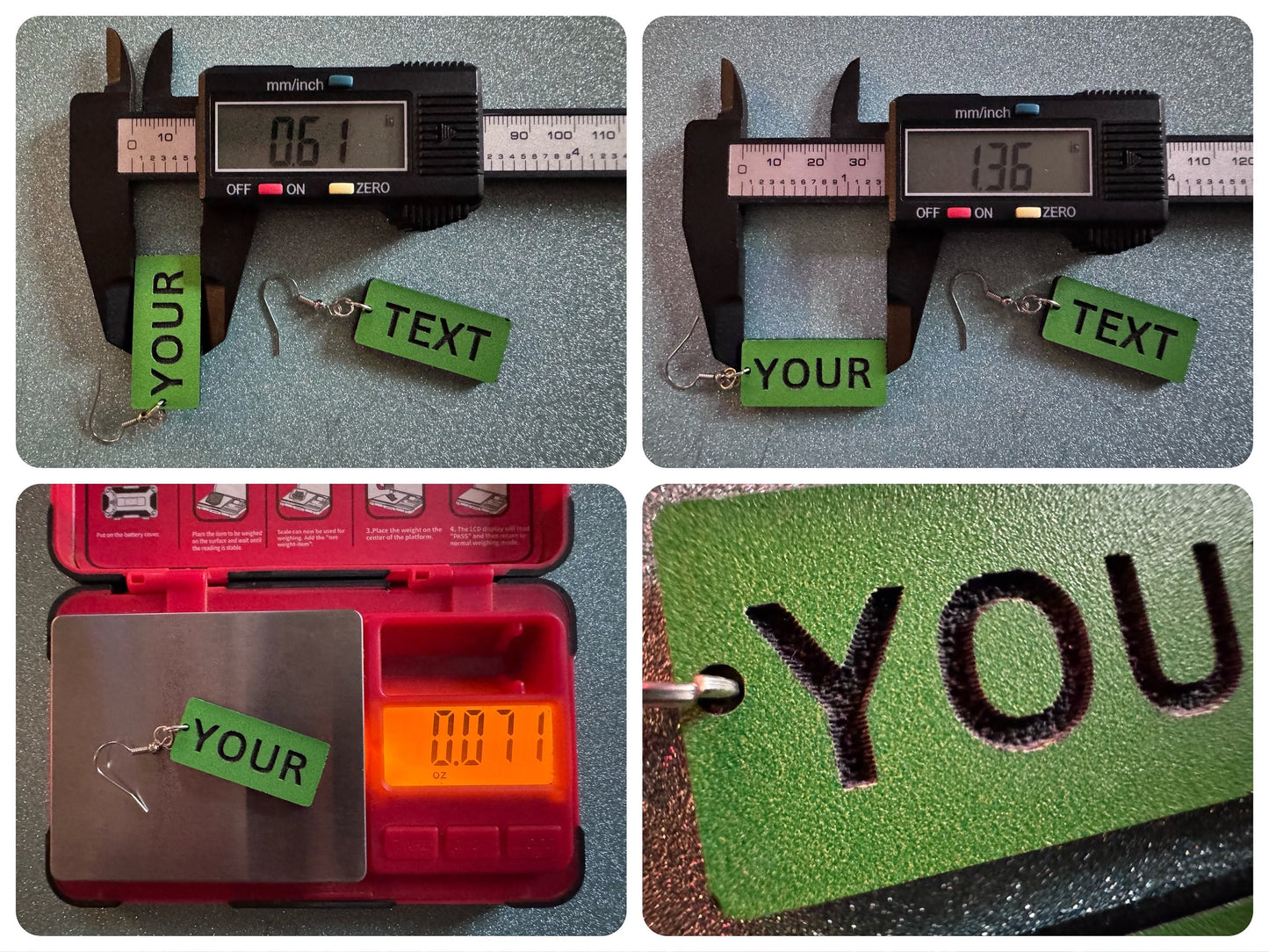 Custom Text Earrings: Laser Engraved Words, Green with Black Text, Letters, Names, Teacher Gift, Anniversary, Best Gifts for Her/Him/Them