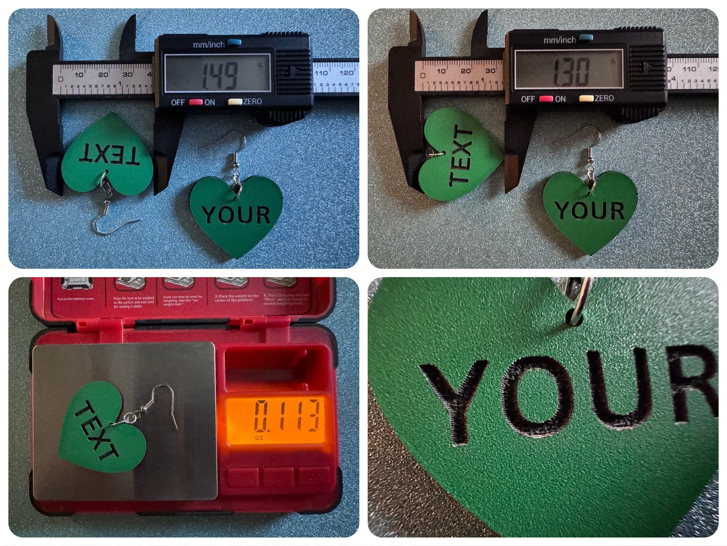 Custom Text Earrings: Laser Engraved Words, Green with Black Text, Letters, Names, Teacher Gift, Anniversary, Best Gifts for Her/Him/Them