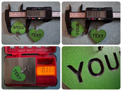 Custom Text Earrings: Laser Engraved Words, Green with Black Text, Letters, Names, Teacher Gift, Anniversary, Best Gifts for Her/Him/Them
