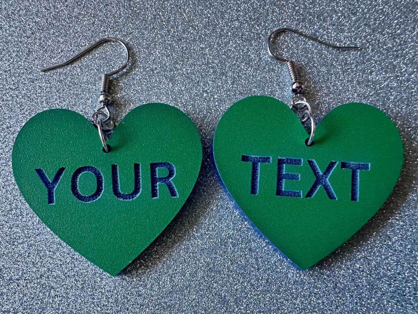 Custom Text Earrings: Laser Engraved Words, Green with Blue Text, Letters, Names, Teacher Gift, Anniversary, Best Gifts for Her/Him/Them