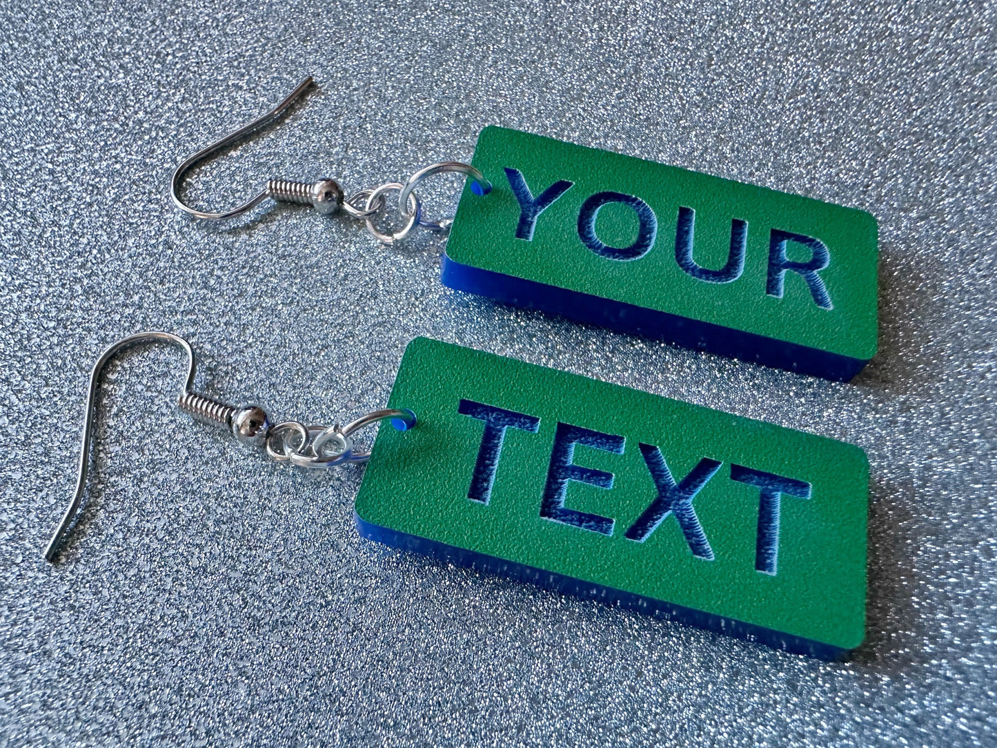Custom Text Earrings: Laser Engraved Words, Green with Blue Text, Letters, Names, Teacher Gift, Anniversary, Best Gifts for Her/Him/Them